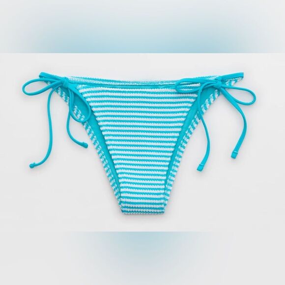 NWT Aerie Crinkle Stripe Cheekiest Tie Bikini Bottom in Barbados Blue + White - Picture 1 of 5